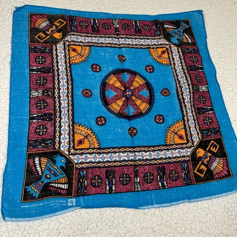 Vtg Bandana Aztec Southwestern Tribal 20 x 19.5 Handkerchief teal USA RN 13960